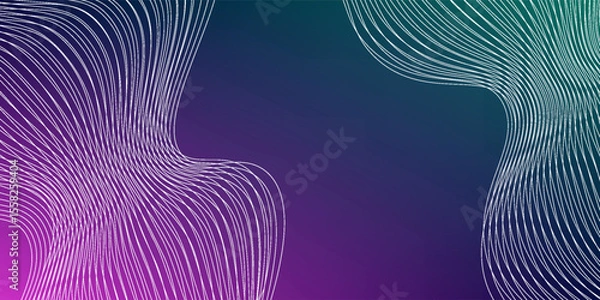 Obraz Abstract violet purple and green wavy line pattern on dark blue background with copy space. Modern tech futuristic neon color banner concept. Vector illustration