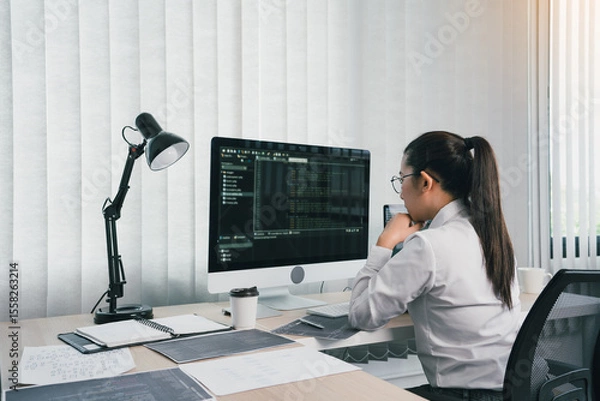 Fototapeta Asian female software developer is worried about analyzing code-based systems at his office.