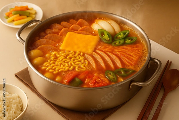 Fototapeta Korean Budae Jjigae Army Stew with Cheese in a Stainless Pot – A hot and savory Korean fusion stew made with sausage, cheese, instant noodles, and kimchi, captured with delicious steam rising.