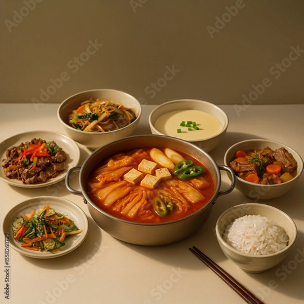 Fototapeta Traditional Korean Set Meal with Kimchi Stew and Side Dishes – A well-balanced Korean meal featuring bubbling kimchi stew with tofu and assorted classic side dishes including japchae and steamed egg.