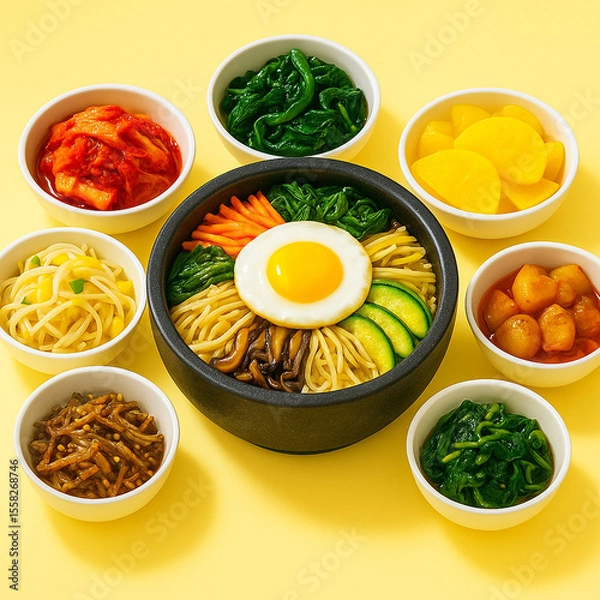 Fototapeta Korean Bibimbap in Stone Bowl with Colorful Side Dishes – Classic bibimbap topped with fried egg and vibrant vegetables surrounded by various traditional Korean side dishes on a bright yellow backgrou