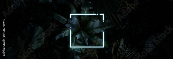 Fototapeta 3D Rendering of neon illuminated square frame covered by tropical leaves.. Flat lay of minimal nature style concept
