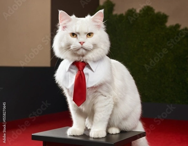 Fototapeta Dapper Cat in Business Attire: A fluffy white cat, impeccably dressed in a crisp white shirt and a bold red tie, embodies a sense of professionalism. Ai generated image