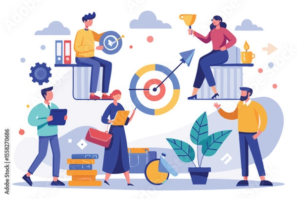 Fototapeta Successful business decision making system illustrated with diverse team members and engaging activities centered around goals and productivity in a contemporary office setting