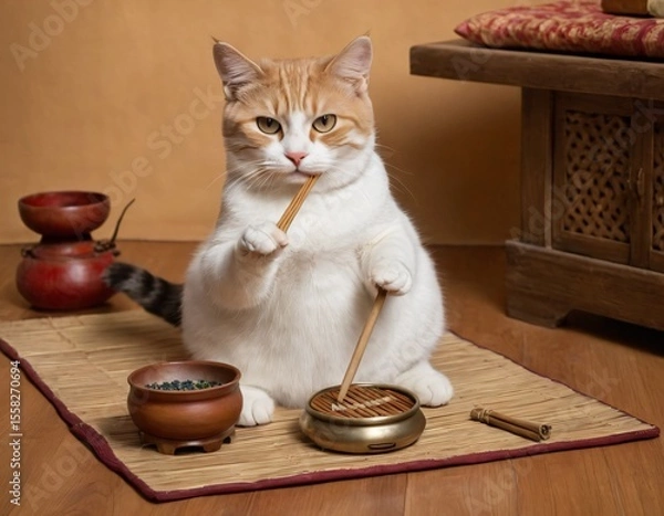 Fototapeta Cat Meditation: A captivating image showcases a serene cat engrossed in a meditation, embodying tranquility with a calm demeanor. It encapsulates a moment of mindfulness. Ai generated image