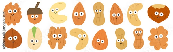Fototapeta Smiling nuts. Cute funny characters. Peanut, walnut, hazelnut, almond, cashew. Flat hand drawn design. Vector illustration on white background.
