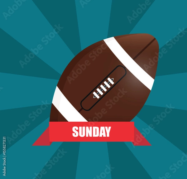Obraz Super Bowl. Sunday Football Vector Banner- American Football Illustration. Vector illustration of an American football with a red ribbon labeled Sunday on a radial blue background.