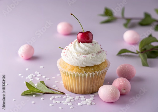Obraz Cherry Cupcake with Cream Frosting
