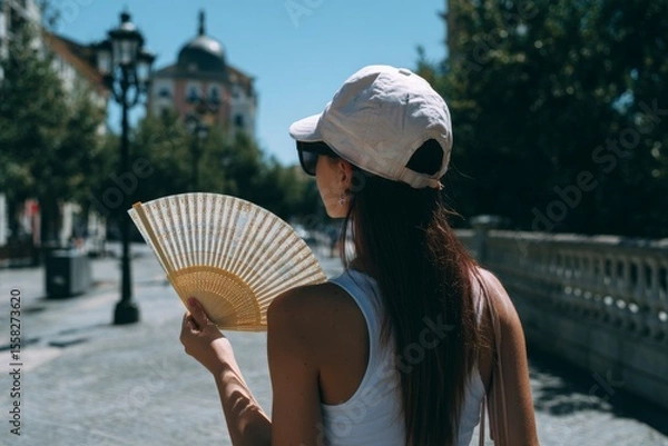 Obraz A woman wearing a cap and sunglasses on a sunny day , heatwave , Generative AI