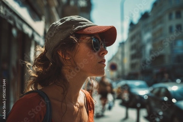 Obraz A woman wearing a cap and sunglasses on a sunny day , heatwave , Generative AI
