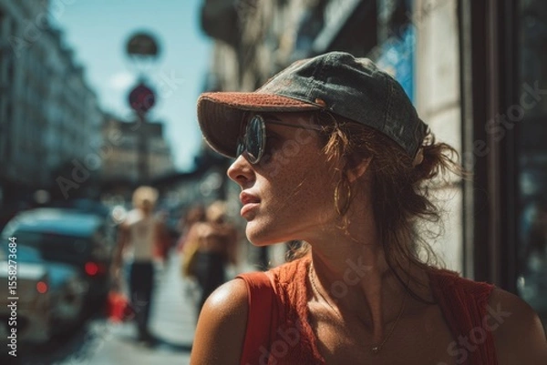 Obraz A woman wearing a cap and sunglasses on a sunny day , heatwave , Generative AI