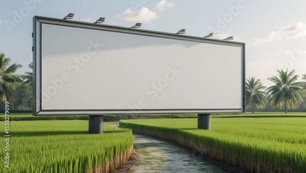 Obraz Blank billboard in a tropical rice paddy field, ready for advertisement.