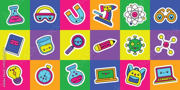 Fototapeta Set of cute kawaii science element sticker vector illustration