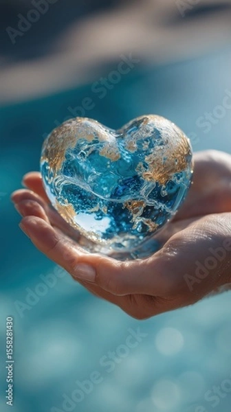 Fototapeta Hands holding heart-shaped crystal globe over water representing love for Earth and International Day of Peace ideal for ecological visuals, hope messages and global unity themes