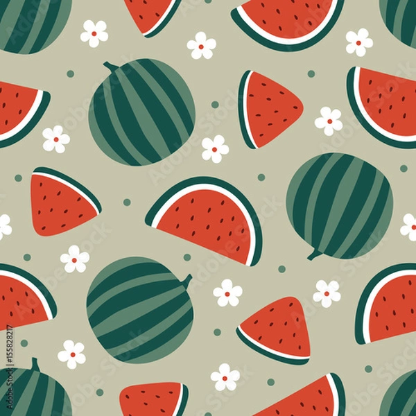 Fototapeta Watermelon seamless pattern with flowers. Vector illustration
