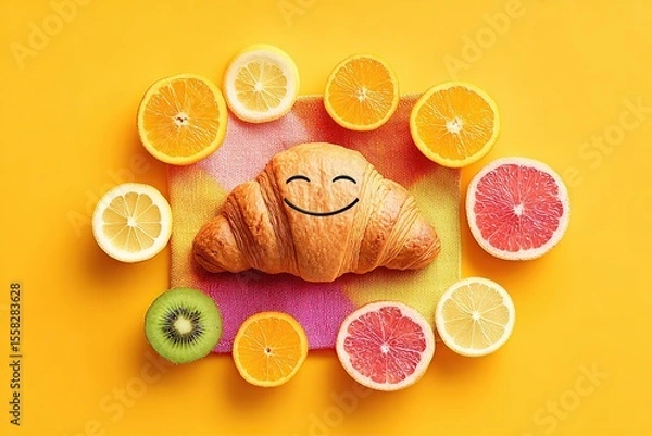 Fototapeta Enjoying yoga practice on a colorful napkin surrounded by fruits and wellness vibes