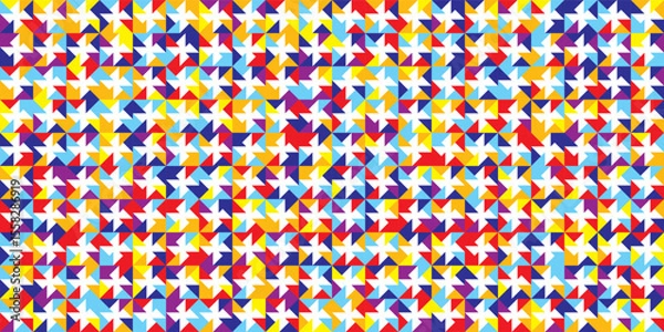 Fototapeta Bright multicolor pinwheel seamless bg. Abstract windmill triangle geometric pattern. Vivid motif for design of handkerchief, scarf, tie, bandana. Simple vector mosaic. Block quilt