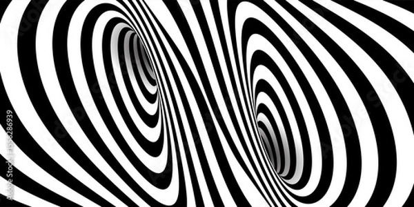 Fototapeta Curved diagonal wormhole funnel entrance and exit bg. Abstract tunnel optical illusion with 3D portal effect. Circular whirlpool. Psychedelic vector illustration