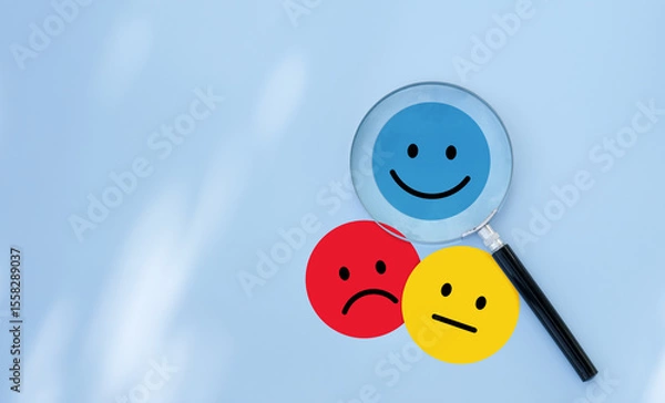 Obraz Positive thinking feedback, World mental health day, Magnifying glass focus Satisfied feedback icon, Excellent review result, Customer giving rating for experience or quality product, Opinion survey