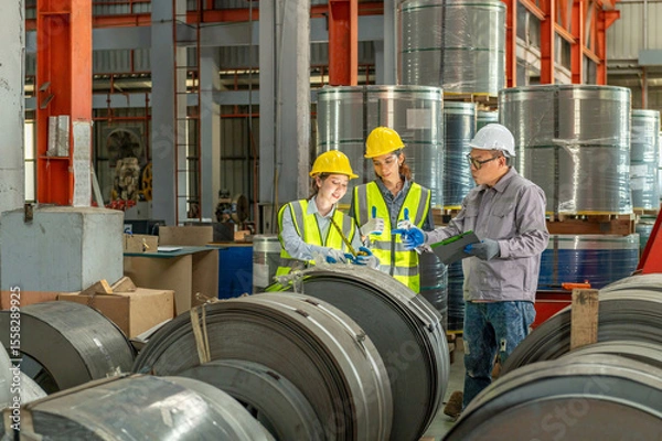 Fototapeta Industrial workers in protective helmets and safety vests discussing construction plans in a manufactu factory surrounded by large metal components and machinery