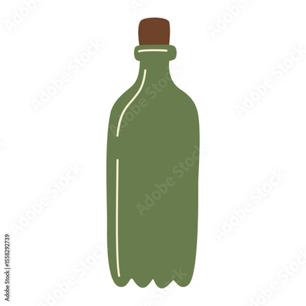 Fototapeta Glass green bottle oil with brown cork, organic product packaging, eco-friendly container, reusable drink jar, sustainable food storage, minimalist design, hand-drawn element, vector illustration