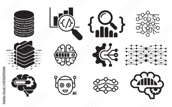 Fototapeta Black and white minimal machine learning and AI vector icons set, neural networks, robot, data analysis