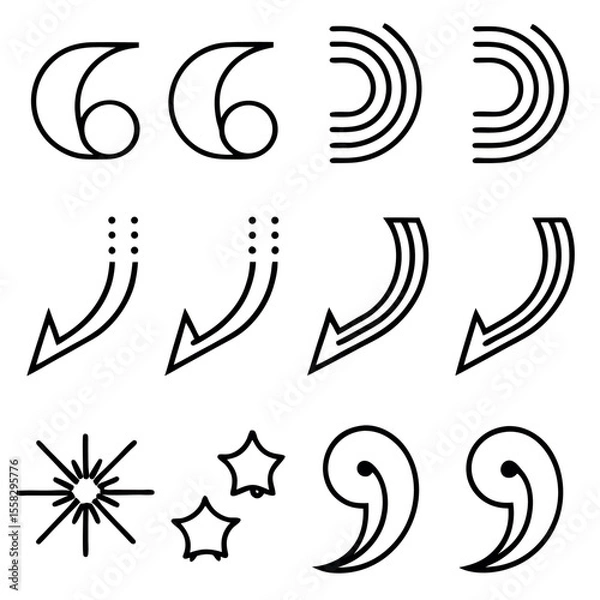 Fototapeta Bold Black Line Art: Quotation Marks, Arrows, Stars, Commas