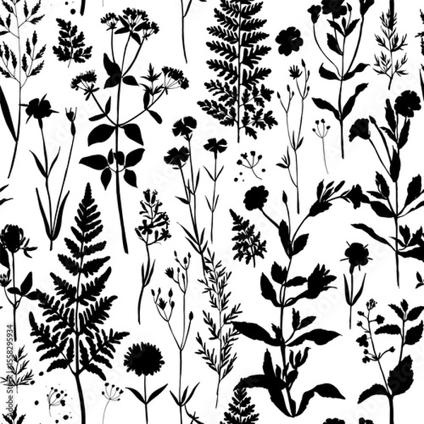 Obraz Seamless vector pattern with black silhouettes of wild meadow herbs and flowers. Botanical floral background for fabric, wrapping paper, eco packaging, wallpapers, and digital design.