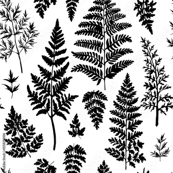 Obraz Seamless vector pattern with black silhouettes of wild meadow herbs and flowers. Botanical floral background for fabric, wrapping paper, eco packaging, wallpapers, and digital design.