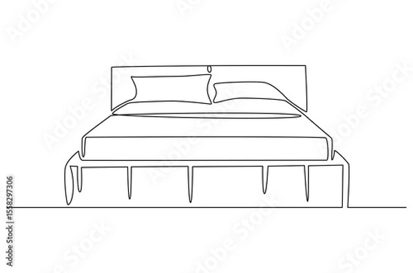 Obraz Continuous one line drawing of Bedroom with Bed Furniture. Single line drawing illustration of Cozy bedroom interior. Simple House concept vector art. Doodle line illustration.