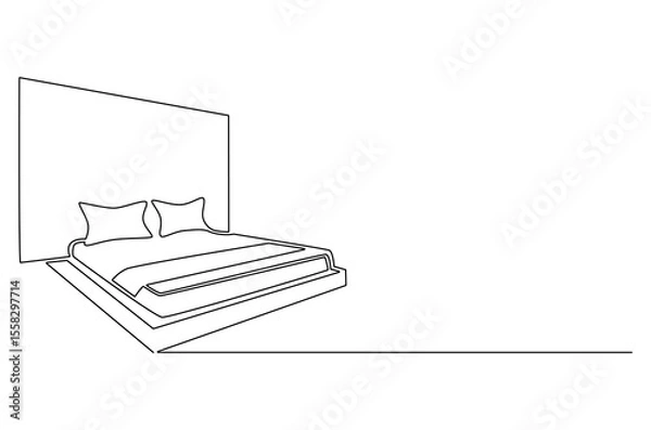 Obraz Continuous one line drawing of Bedroom with Bed Furniture. Single line drawing illustration of Cozy bedroom interior. Simple House concept vector art. Doodle line illustration.
