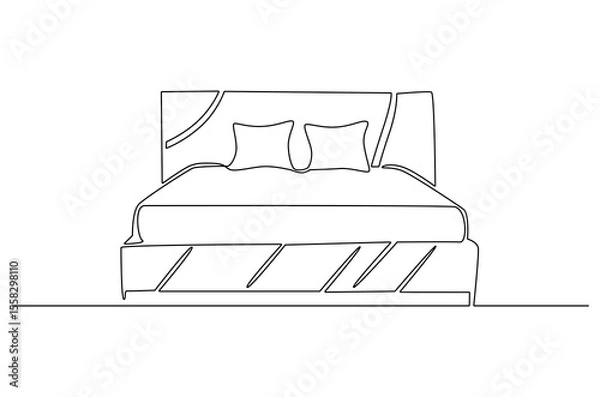 Obraz Continuous one line drawing of Bedroom with Bed Furniture. Single line drawing illustration of Cozy bedroom interior. Simple House concept vector art. Doodle line illustration.