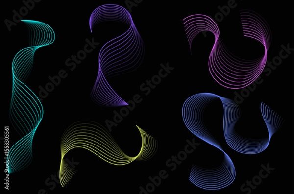 Fototapeta Set of Colorful Shapes Made of Curved Lines, Abstract Shapes Set, Stripes Shapes, Flow Wavy Lines, Editable Shapes, Vector