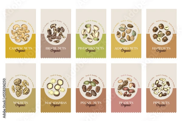 Fototapeta Organic nuts labels template vector