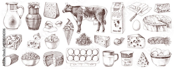 Fototapeta Dairy products hand drawn vector set