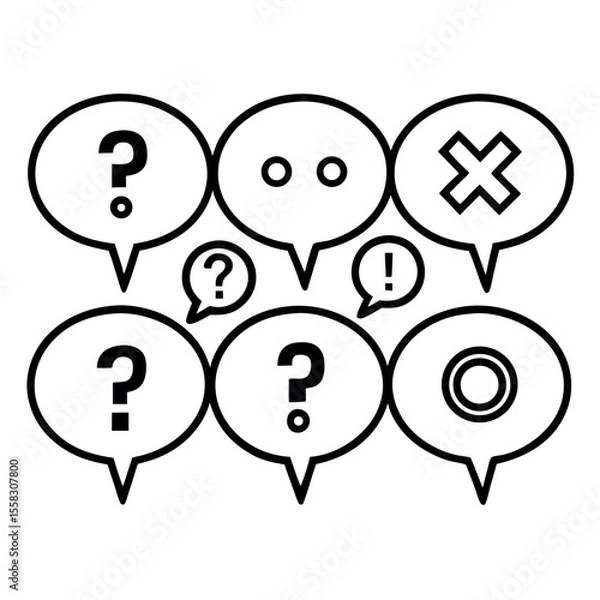Fototapeta Bold Black Speech Bubbles: Question Marks, Exclamation, Cross Icon Graphic