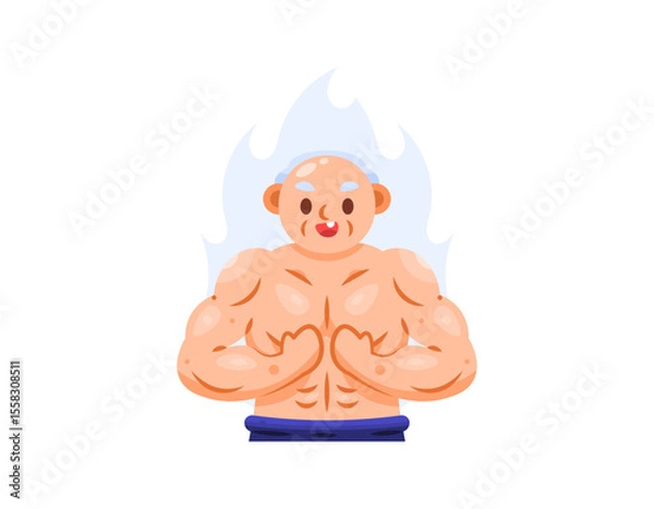 Fototapeta illustration of a grandpa showing off his muscles. old man flexing muscles. muscular, fit, strong, and healthy body. elderly bodybuilder. gesture. exercise and wellness. flat style character design