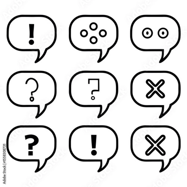 Fototapeta Nine Simple Bold Black Speech Bubbles:  Question, Exclamation, and X Icons.