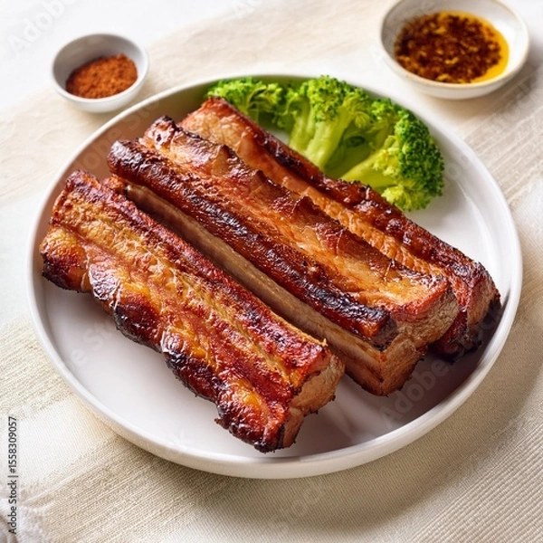 Fototapeta Charred Pork Belly with Broccoli and Dipping Sauces
Beautifully grilled pork belly slices with crispy skin served alongside steamed broccoli and two kinds of dipping sauces, set on a clean white plate
