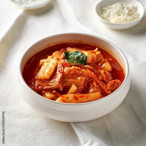 Fototapeta Spicy Kimchi Stew with Pork
A hearty bowl of Korean kimchi stew (kimchi jjigae) filled with fermented kimchi, pork, and tofu in a rich and spicy red broth. Perfectly served in a white ceramic bowl, th