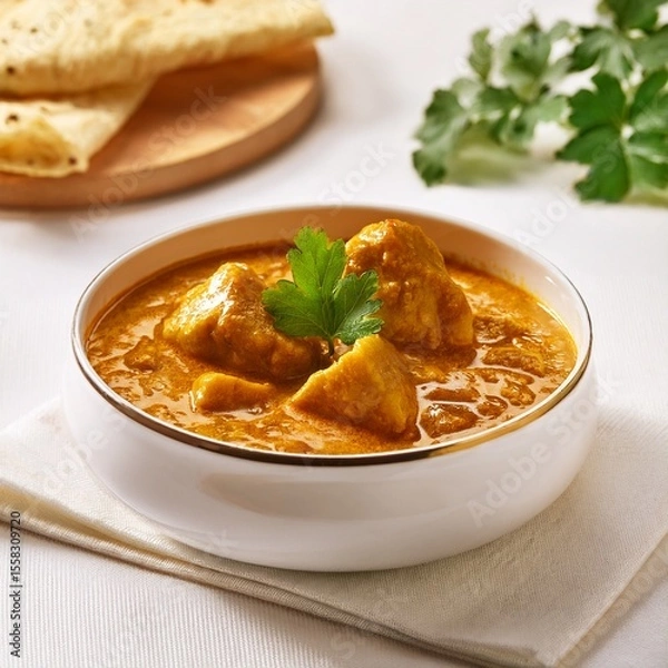 Fototapeta Creamy Chicken Curry with Naan Bread – A side-angle shot of tender chicken pieces simmered in a rich, velvety curry sauce, served in a white porcelain bowl with warm naan flatbread and topped with a f