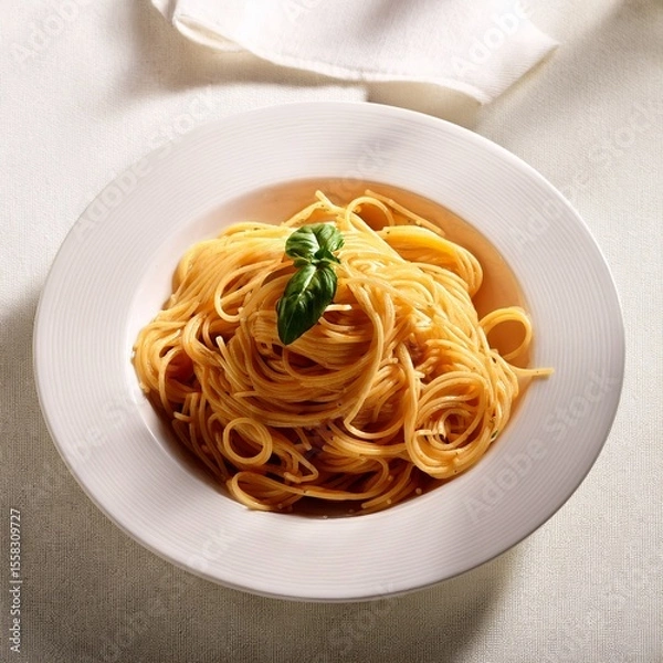 Fototapeta Elegant Spaghetti Marinara in White Porcelain Bowl – A top-down view of al dente spaghetti tossed in a light tomato sauce and garnished with a fresh basil leaf, set against a textured cream backdrop, 
