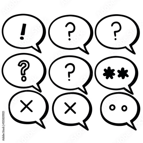 Fototapeta Hand-drawn speech bubble icons: questions, answers, and errors.