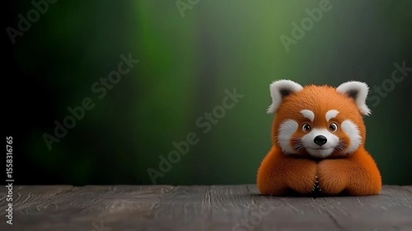 Fototapeta Cute animated red panda plush toy sitting on a wooden table with a blurred green forest background