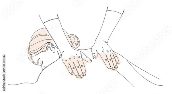 Obraz Massage therapist giving a back massage with hands in spa -  one line doodle drawing with watercolor fill, minimalistic vector illustration on white background