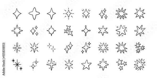 Obraz Doodle glitter twinkle star icons set. Hand drawn shine star burst symbol. Sketch magic blink collection. Doodle spark line icons. Vector illustration on white background.