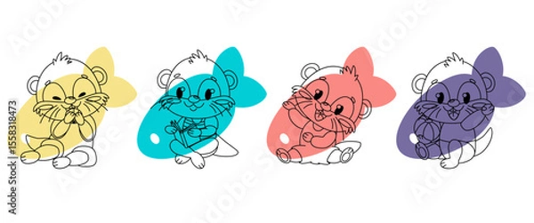 Fototapeta Four cute cartoon otters in different playful poses on the background of four colorful fish, each in different colors: yellow, blue, red and purple. Each otter has a different facial expression and is
