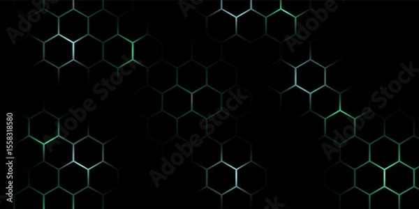 Fototapeta Hexagonal cyberspace green background. Hexagon grid tech pattern.