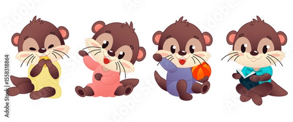 Fototapeta Four cute cartoon otters in different poses. Each otter has a unique color outfit and is engaged in playful activities with various objects.