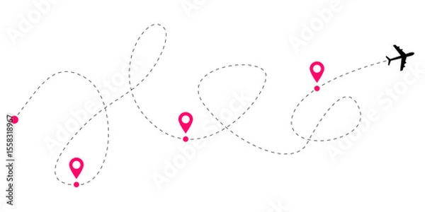 Fototapeta Set of aircraft route lines with dashed and dotted pathways for airplane travel illustrations and global flight tracking maps showing aviation network patterns and sky navigation routes